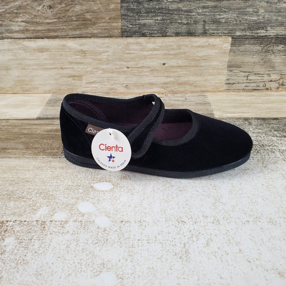 Cienta Kids Mary Jane Flats Sz 12.5 Black Velvet Comfort Hook & Loop Strap
